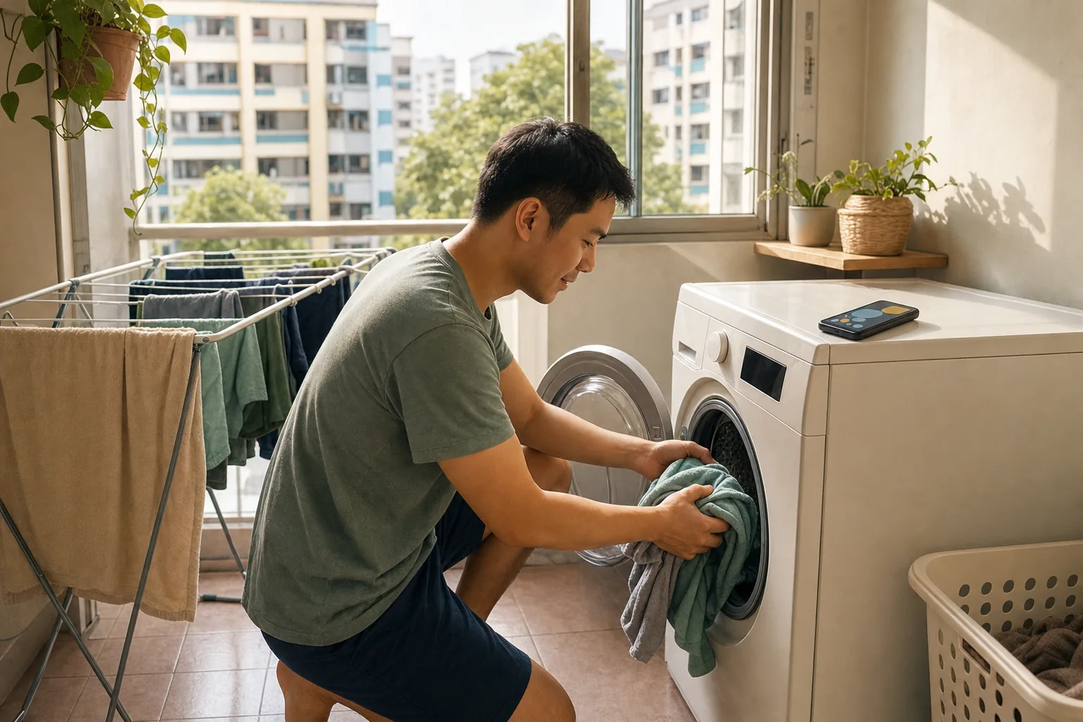 A person loading damp laundry into a front-loading clothes dryer in a compact flat service yard, with a phone calculator and a laundry rack by the window