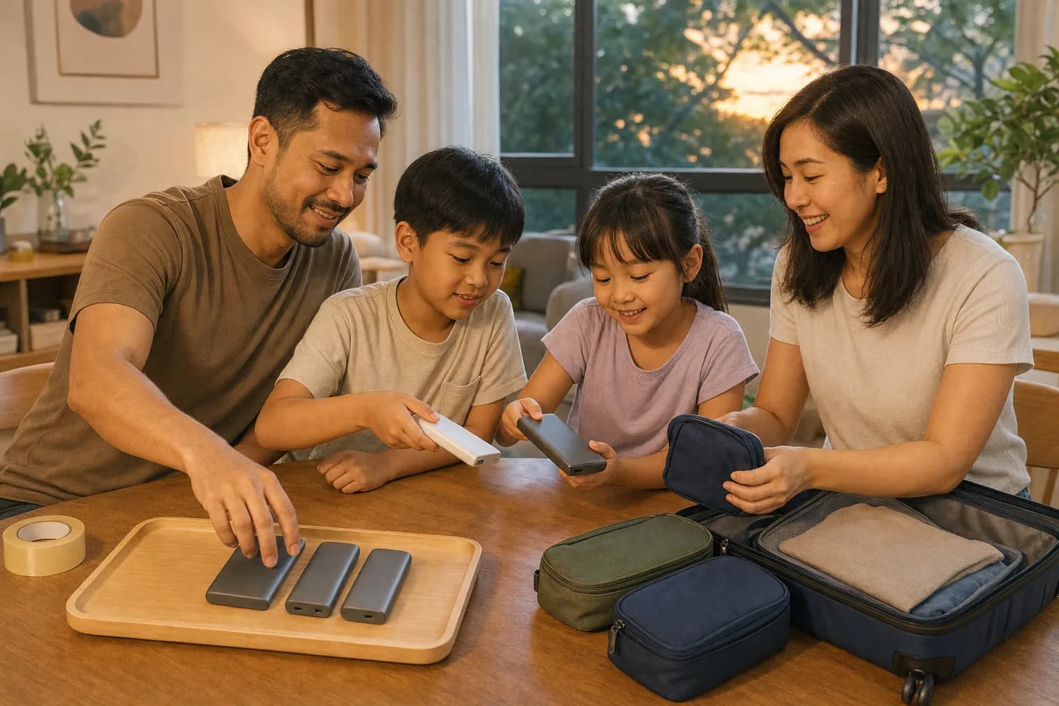 A family at a dining table sorting several power banks into a small travel pouch beside an open cabin bag