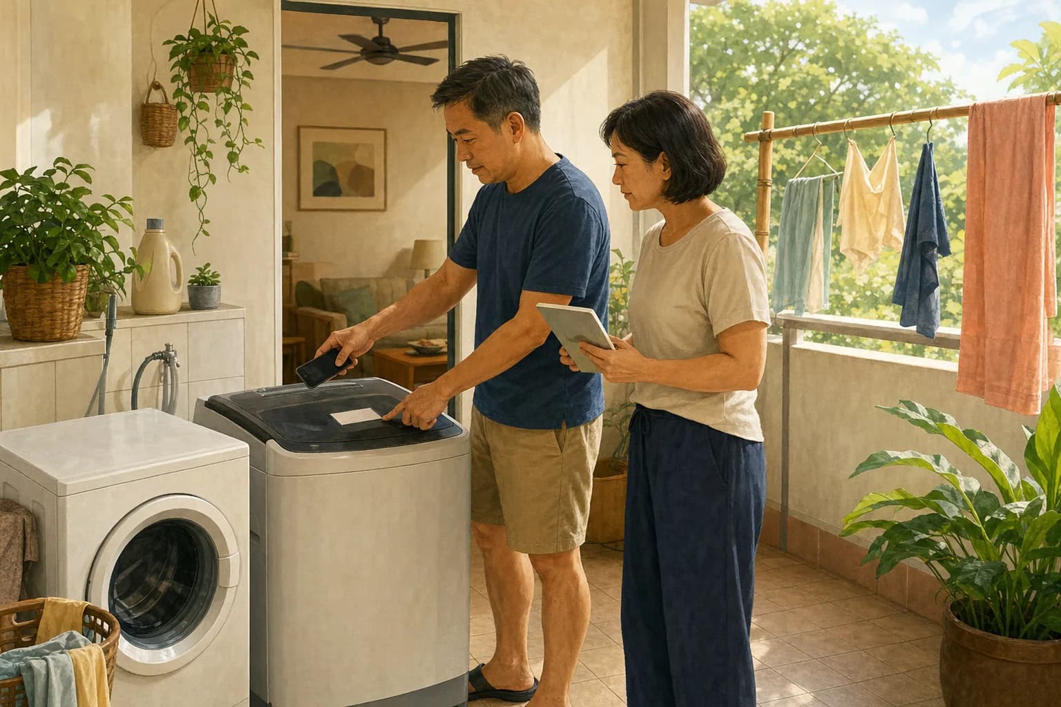 A couple in a Singapore flat's service yard comparing two washing machines, one holding a phone up to a label on the machine's lid
