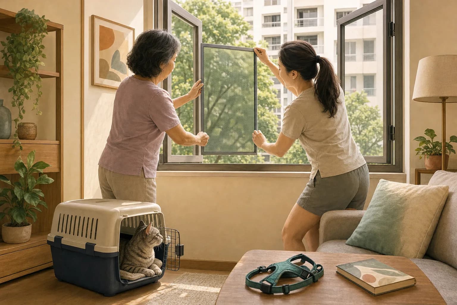 Two women fitting a mesh screen to an open window in a flat while a cat watches from a carrier on the floor, with a harness on the table
