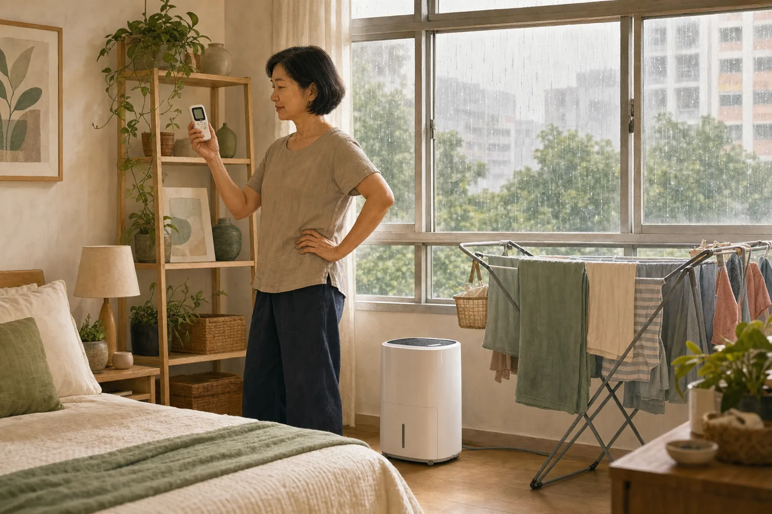 A woman checks a small handheld humidity meter in a bedroom while a compact dehumidifier runs beside a rack of drying clothes near a window with rain outside