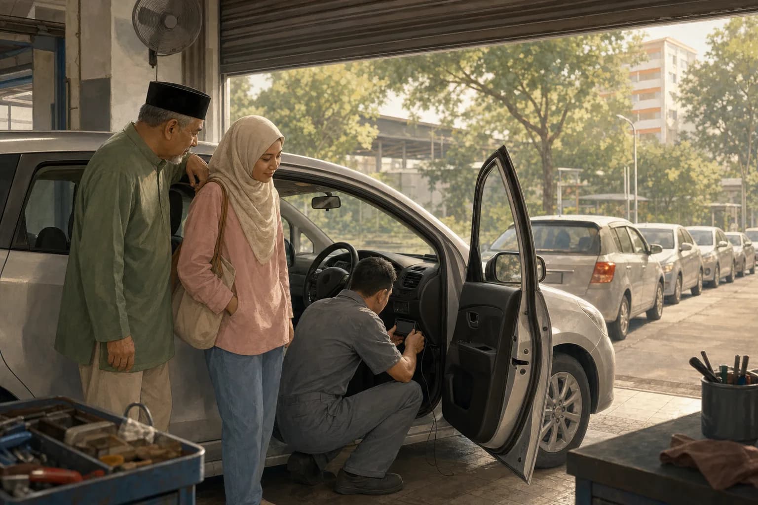 An older man and a younger woman stand beside a car at a workshop bay while a technician fits a small unit near the dashboard