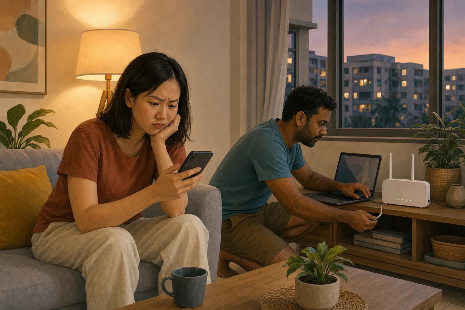 Two family members in a home living room in the evening, one frowning at a phone while the other connects a laptop to the home router