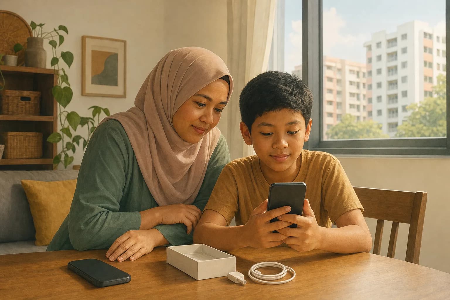 A parent and a child at a dining table at home, setting up a new smartphone together with the parent's own phone beside it