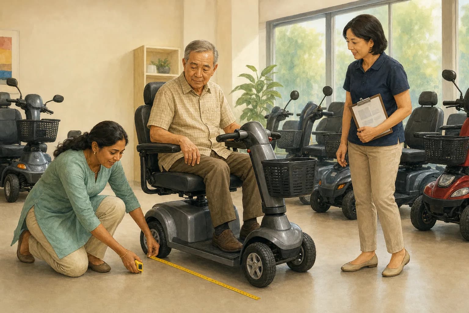 An older man sitting on a mobility scooter in a shop while a family member measures its length with a tape measure