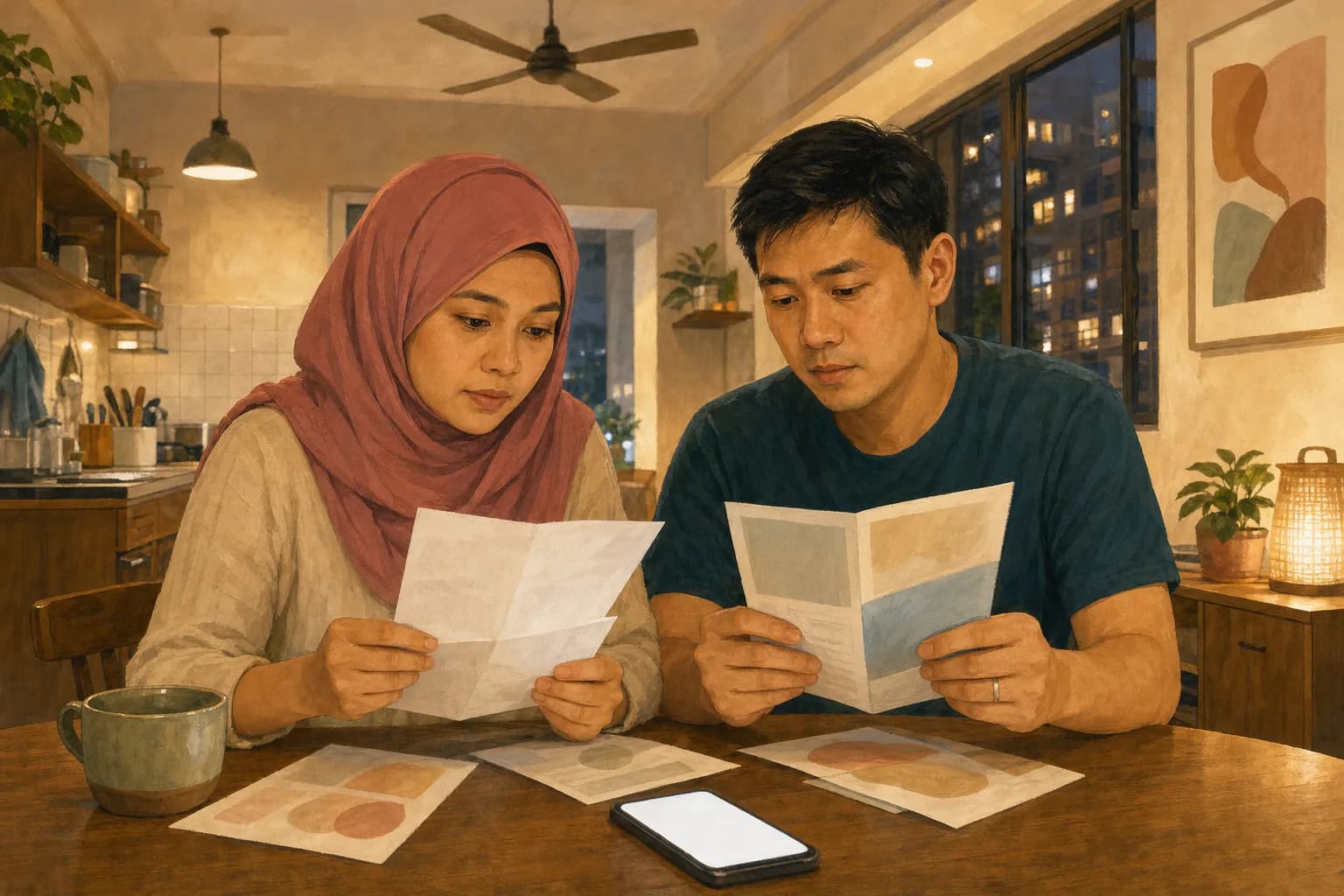 A couple at a kitchen table comparing a paper electricity bill with a plan leaflet and a phone