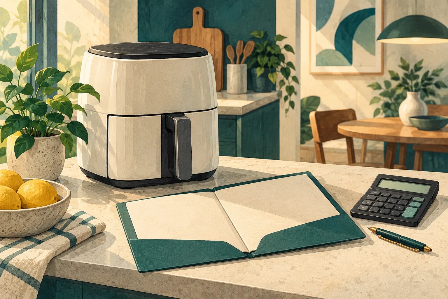 Conceptual illustration of an unbranded appliance, blank warranty folder and calculator on a home counter.