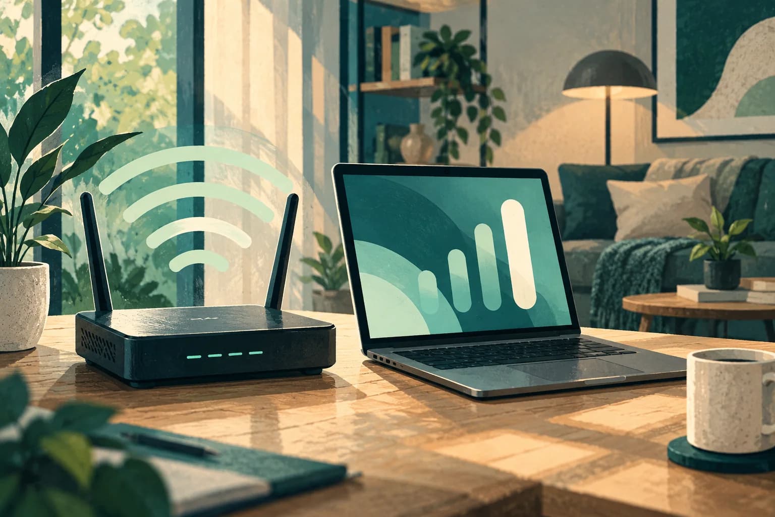 Conceptual illustration of a generic router with antennae beside a laptop showing only abstract signal blocks in a home.