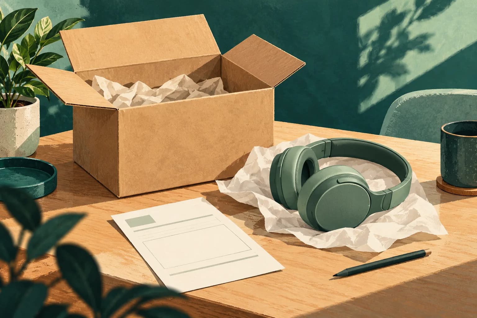 Conceptual illustration of a plain shipping box, unused item and blank return slip on a desk.