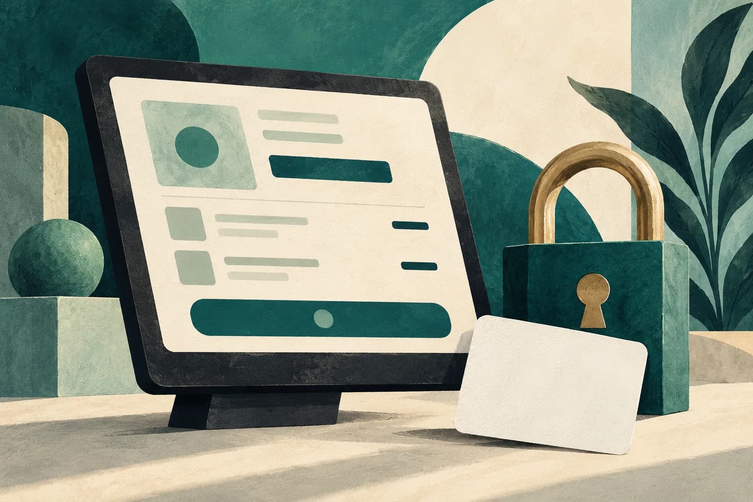 Conceptual illustration of a checkout screen made of abstract blocks beside a padlock and blank privacy card, no real interface.