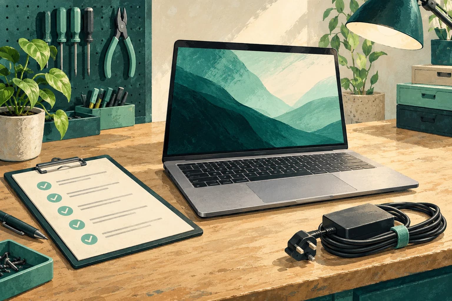 Conceptual illustration of a generic refurbished laptop, inspection checklist and charging cable on a workbench.