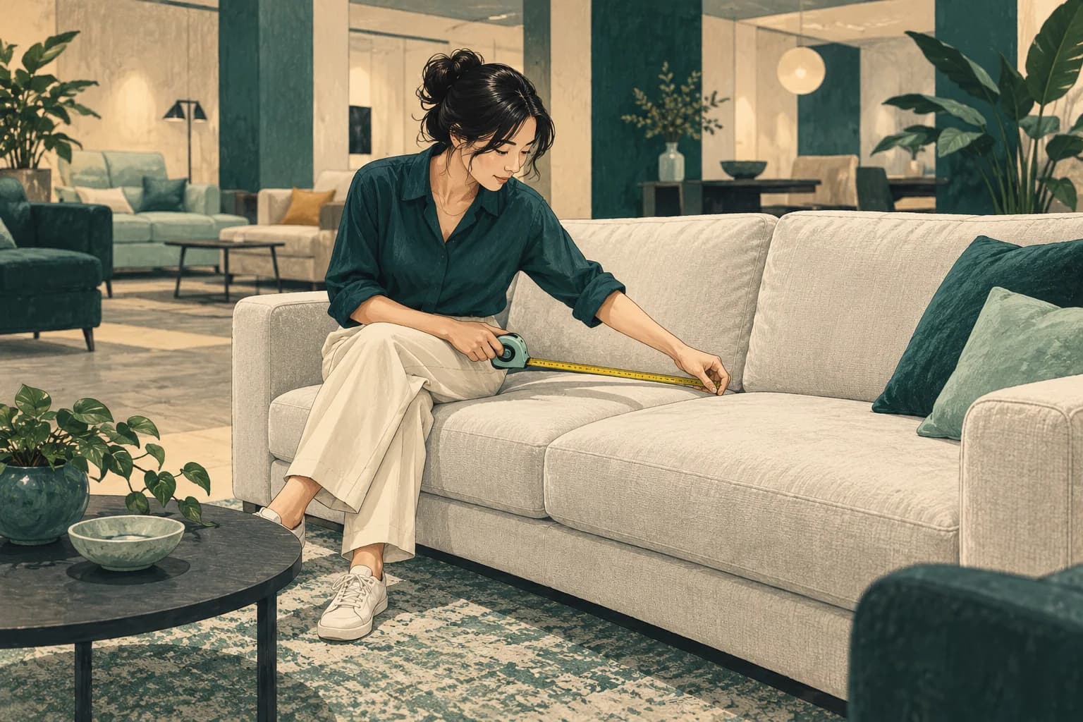 Conceptual illustration of a shopper sitting on an unbranded sofa in a plain showroom while checking seat depth with a tape measure.