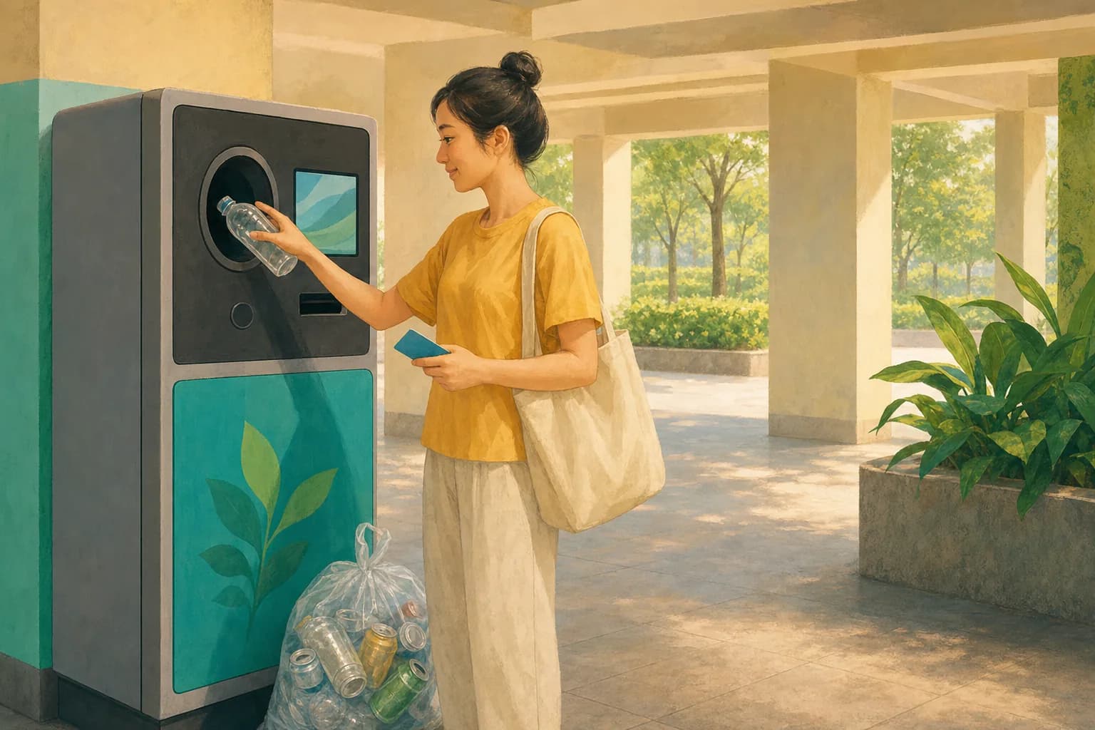 A shopper feeding an empty plastic bottle into a reverse vending machine at a void deck, holding a transit card in the other hand, with a small bag of empty cans at their feet