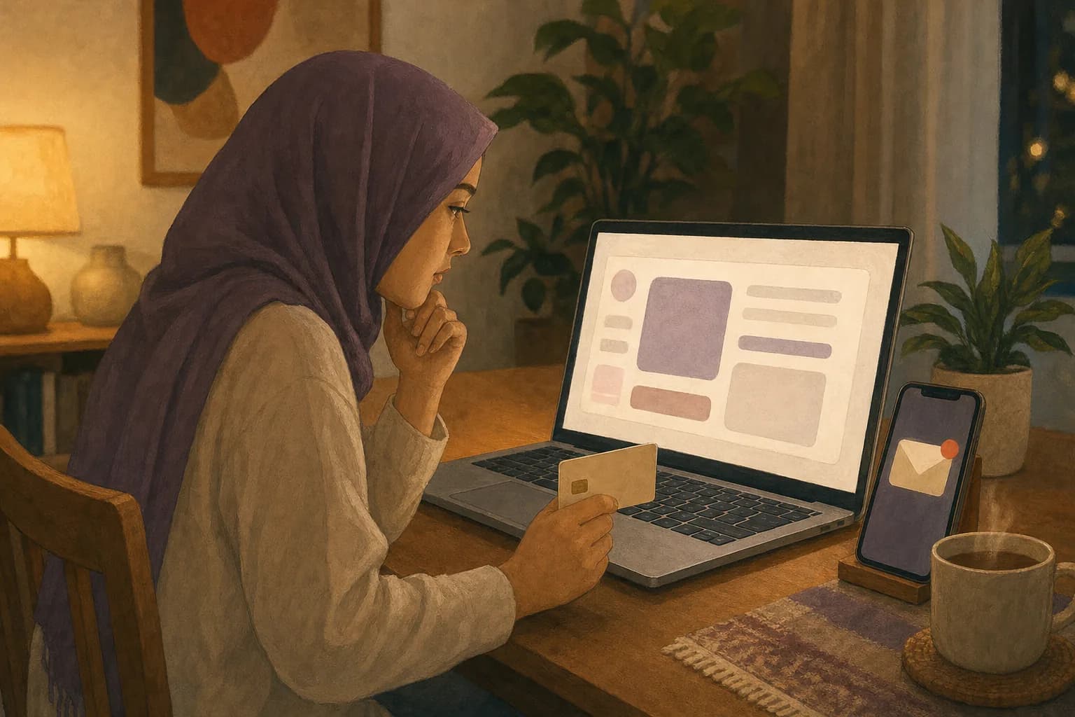 A shopper at home pausing over a laptop checkout page with a credit card in hand, while a phone beside the laptop shows an unread email notification