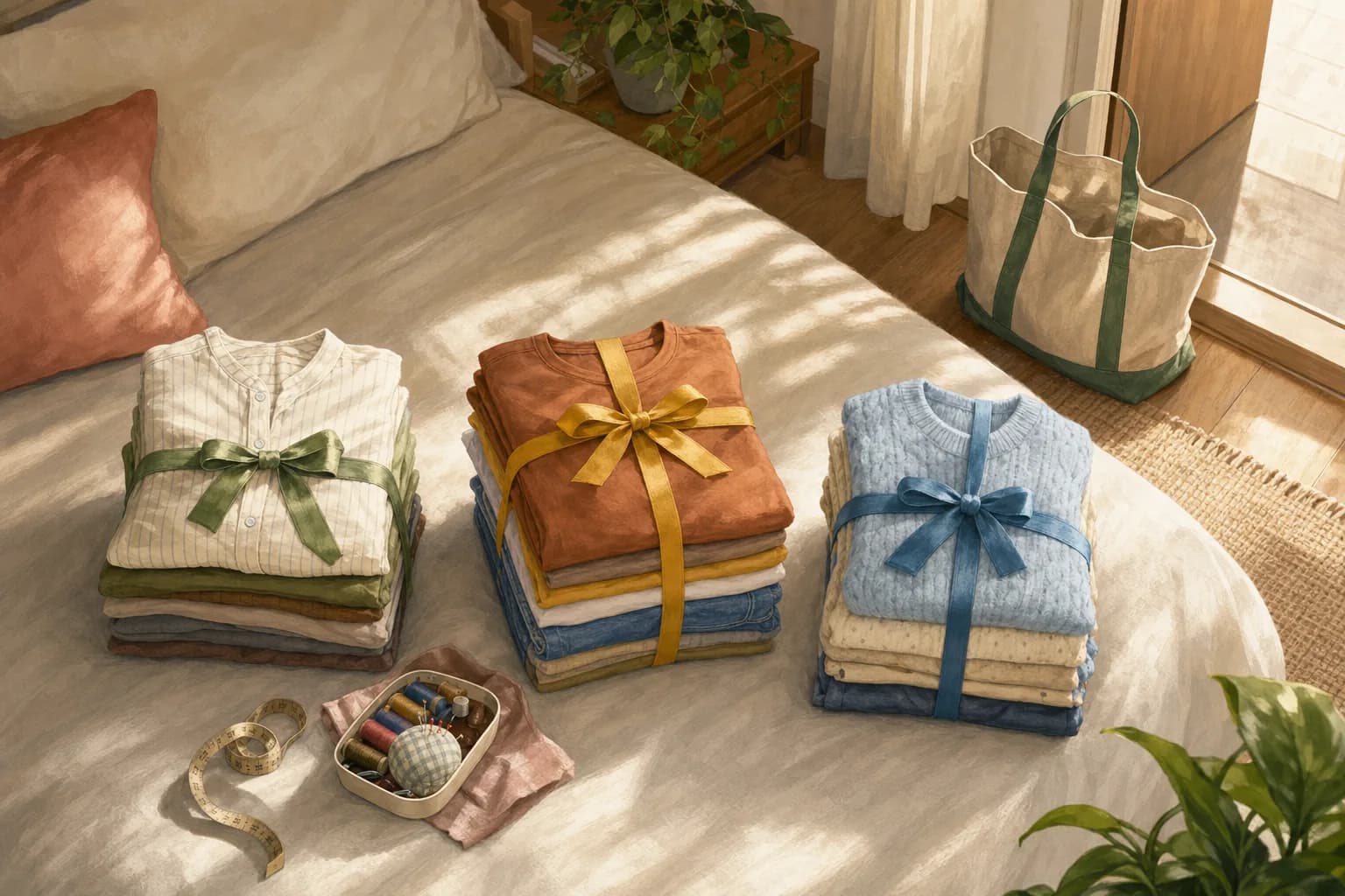 Neatly folded clothes sorted into three piles on a bed, each tied with a different coloured ribbon, with a tape measure and sewing kit beside one pile and a canvas tote bag ready by the window