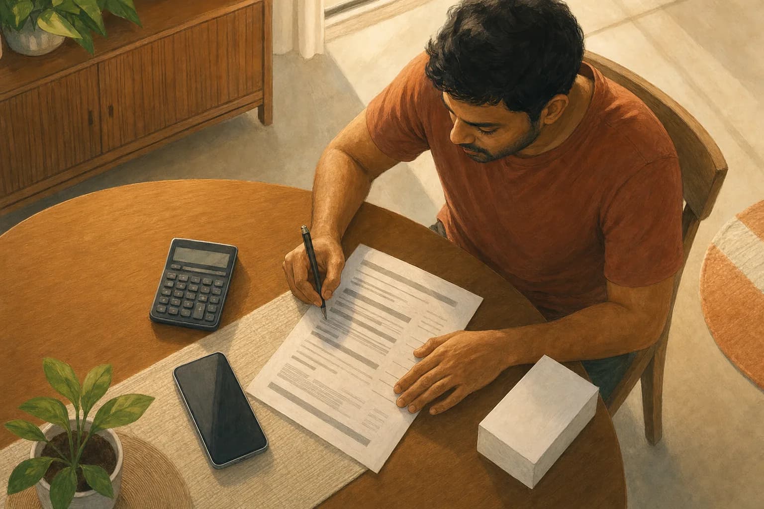 A person at a dining table with a phone contract summary, a calculator and a new smartphone box, writing figures in the margin of the summary sheet