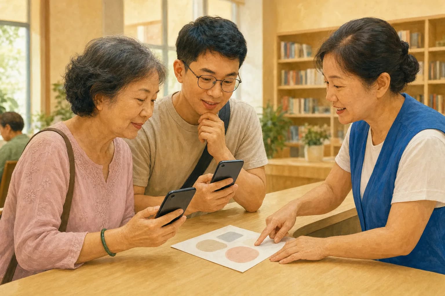 An older woman and her adult son at a community centre counter, comparing two budget smartphones while a volunteer points at a printed plan leaflet, with a library shelf in the background