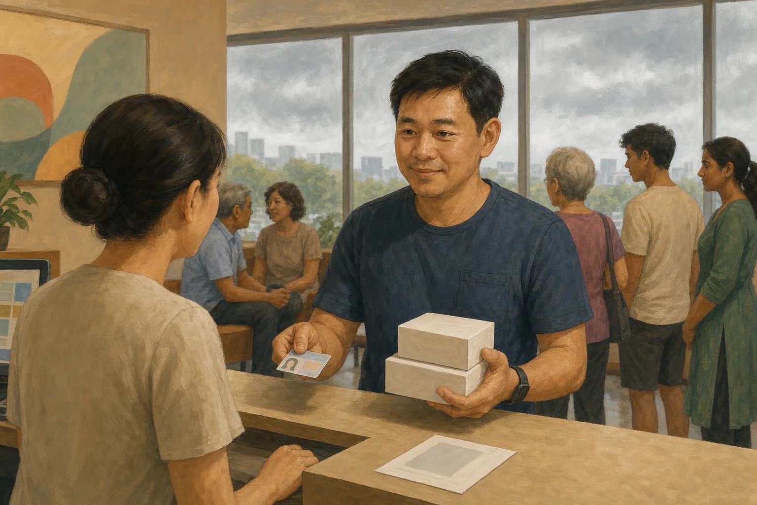 A family member at a community centre counter holding two small boxes of face masks and an identity card, with a hazy window behind and a printed queue number on the counter