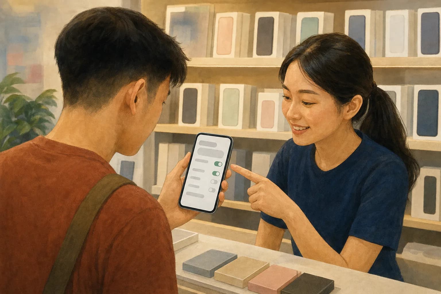 A shopper at an electronics counter holding a new smartphone open on its settings screen while a staff member points to the emergency alerts menu, with boxed phones on shelves behind