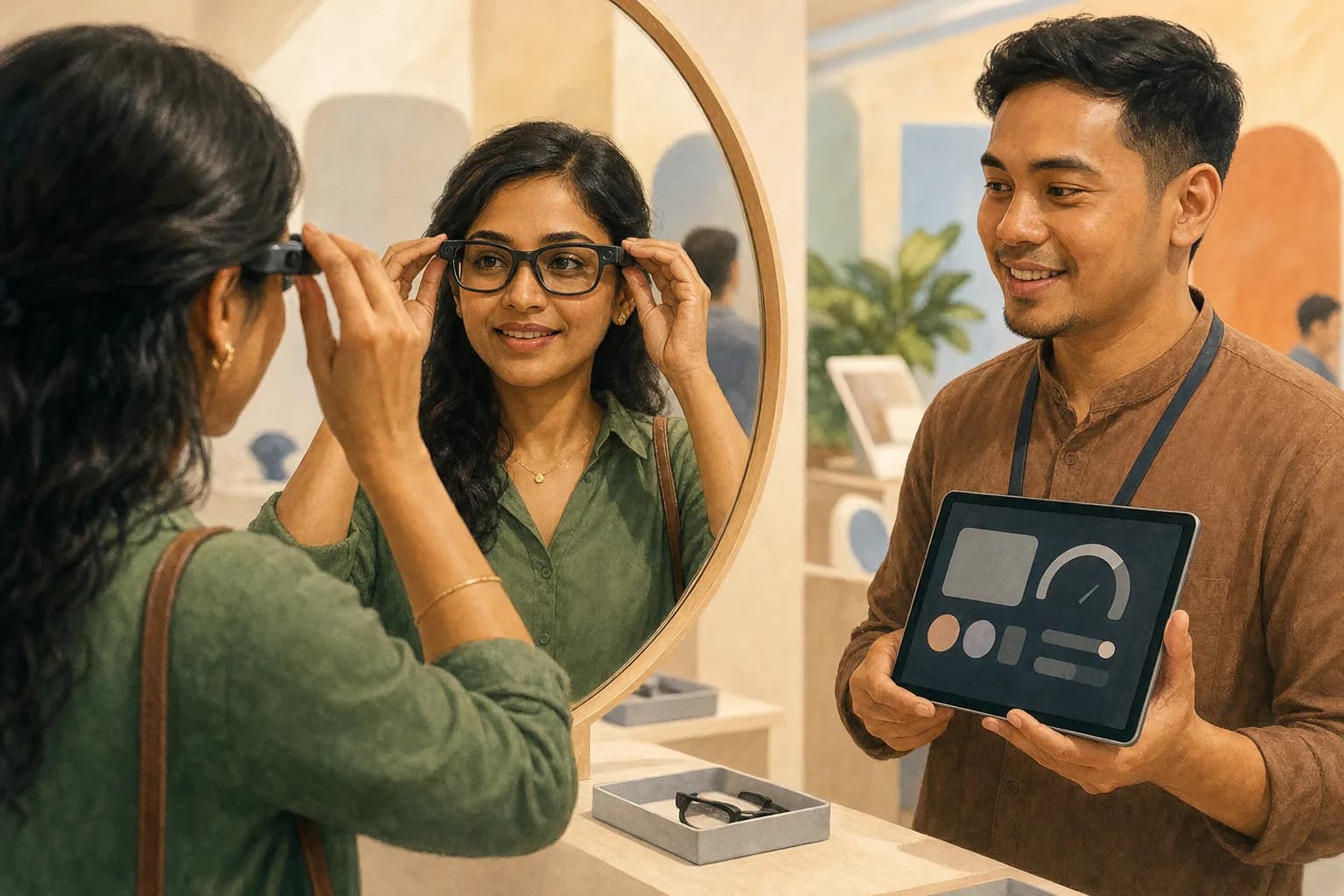 A shopper at an exhibition booth trying on a pair of camera glasses in front of a mirror, with a staff member holding a tablet showing the glasses' settings