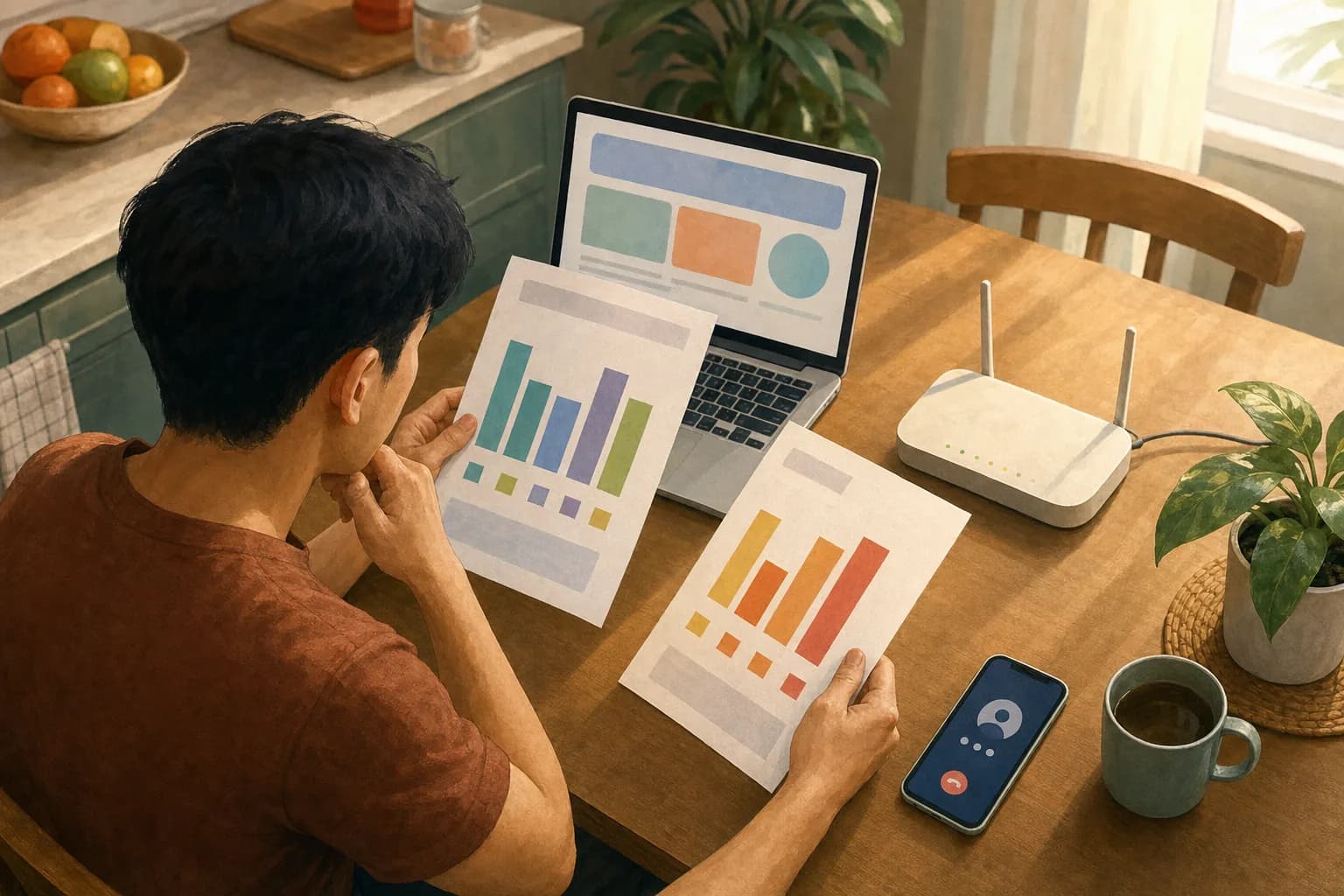 A person at a kitchen table comparing two printed bar charts beside a laptop and a home broadband router, with a mobile phone showing a call on hold
